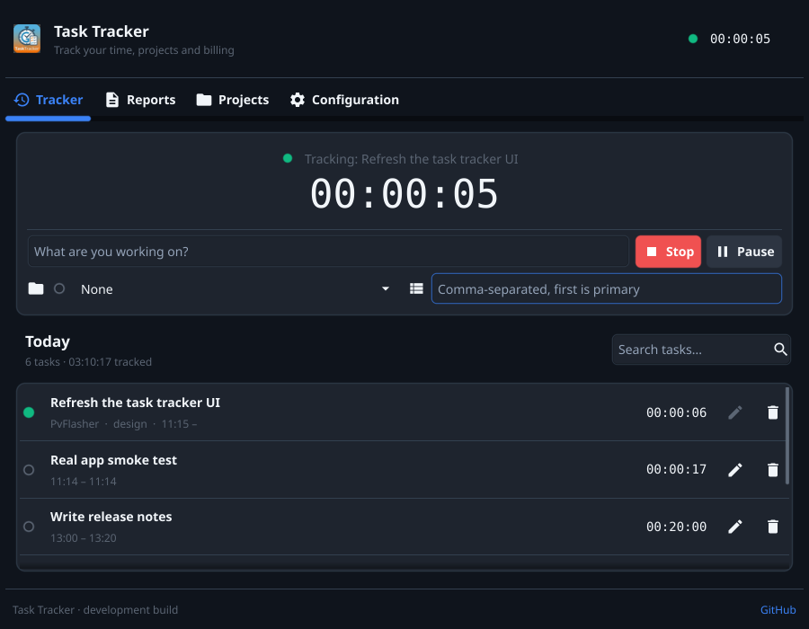 The Tracker tab with a running timer and today's tasks